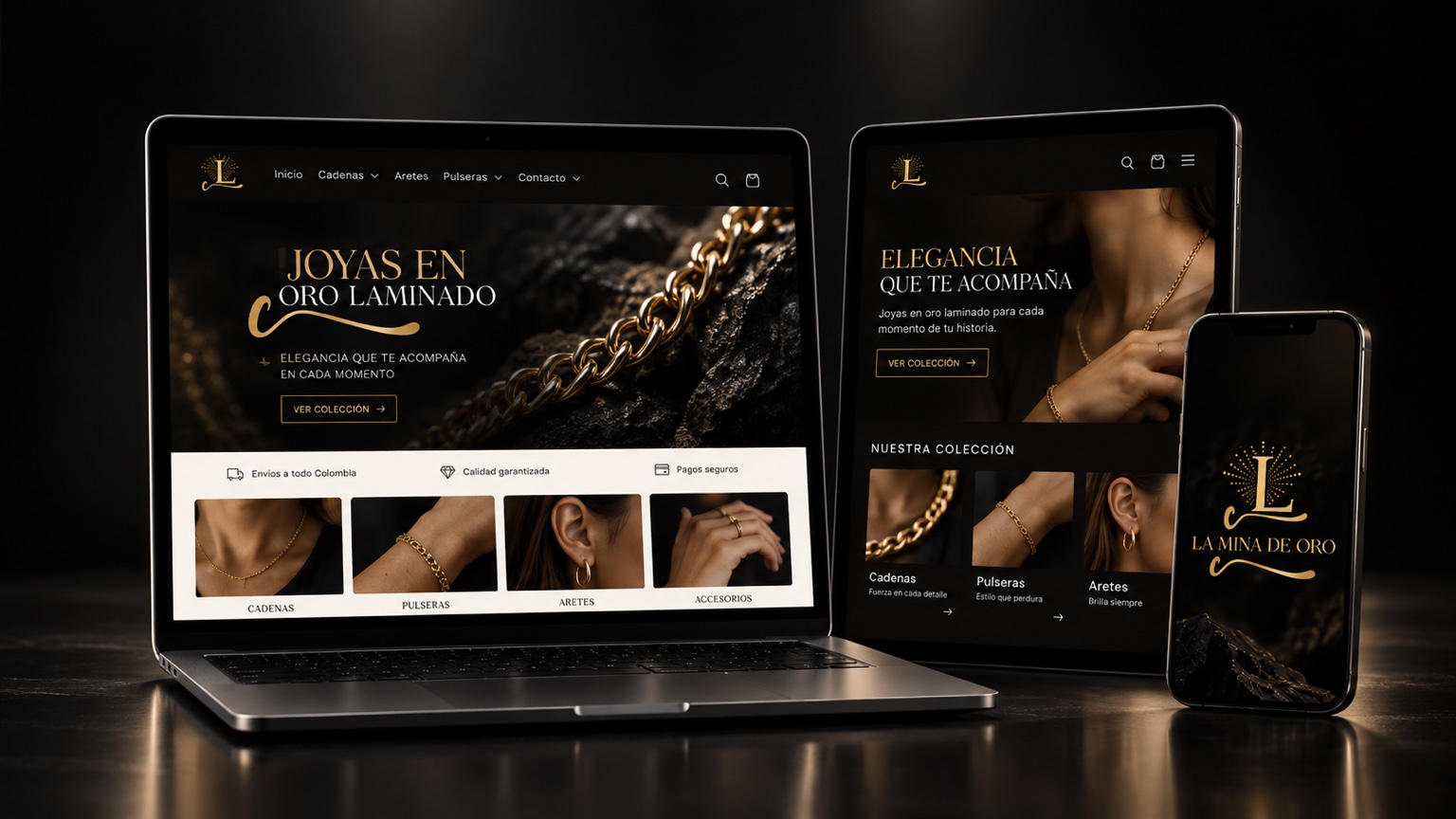 La Mina de Oro: tienda virtual presentada en laptop, tablet y celular