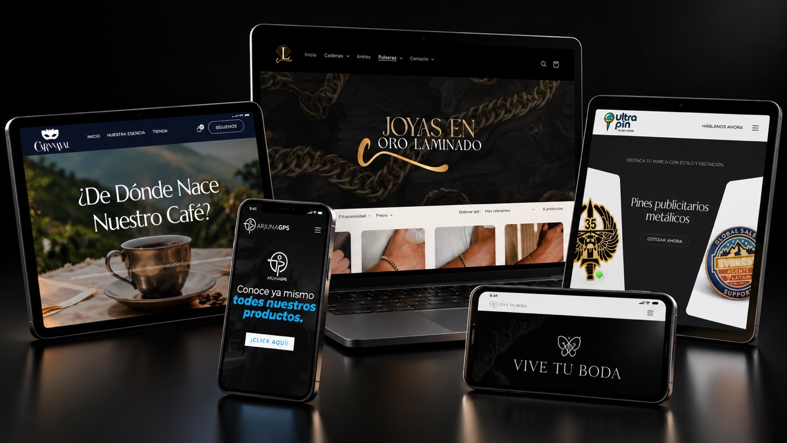 Proyectos de La Mina de Oro, Carnnaval Coffee, Arjuna GPS, Ultrapin y Vive Tu Boda en diferentes dispositivos