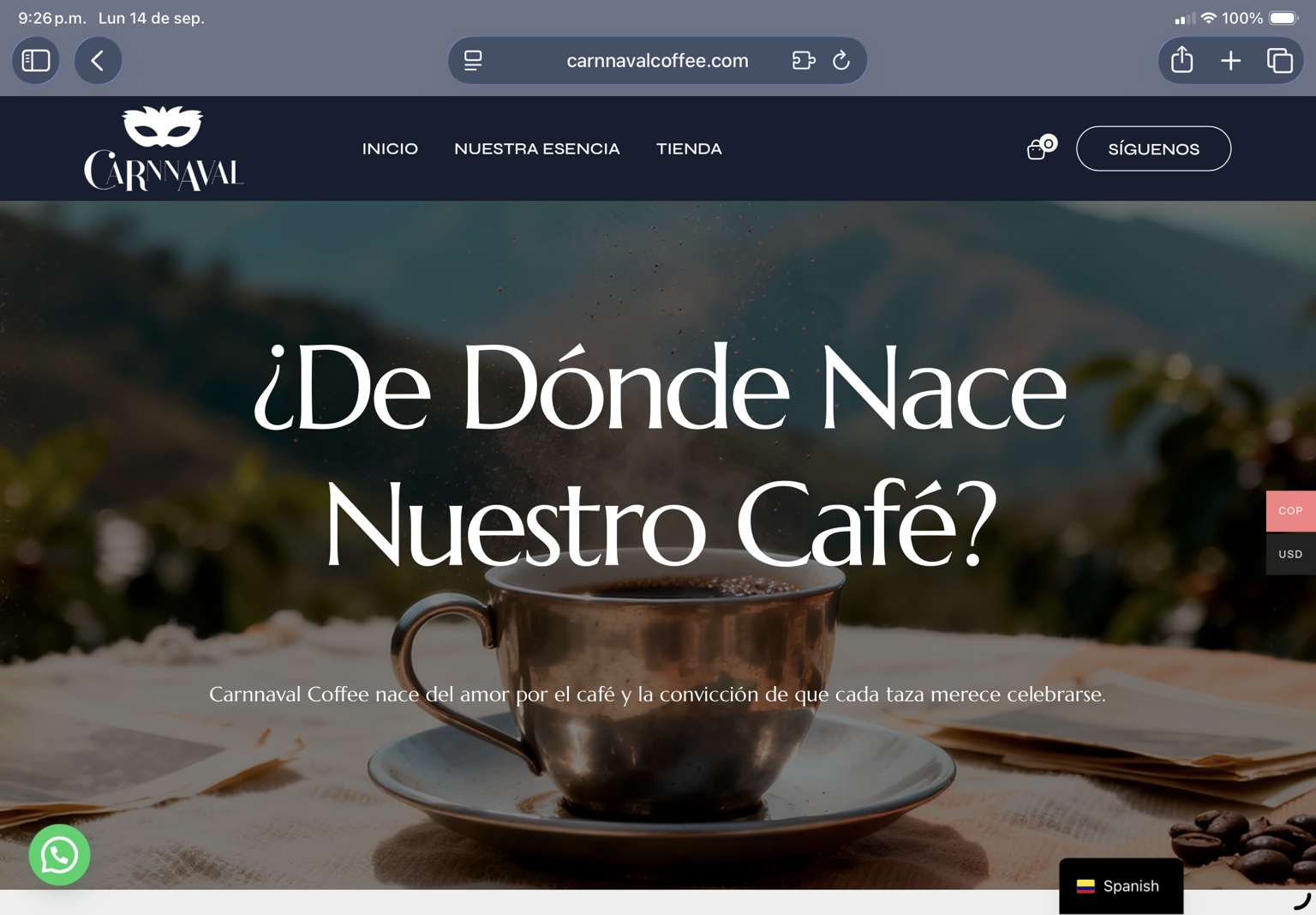 Sitio de Carnnaval Coffee con fotografía de café y navegación hacia su tienda